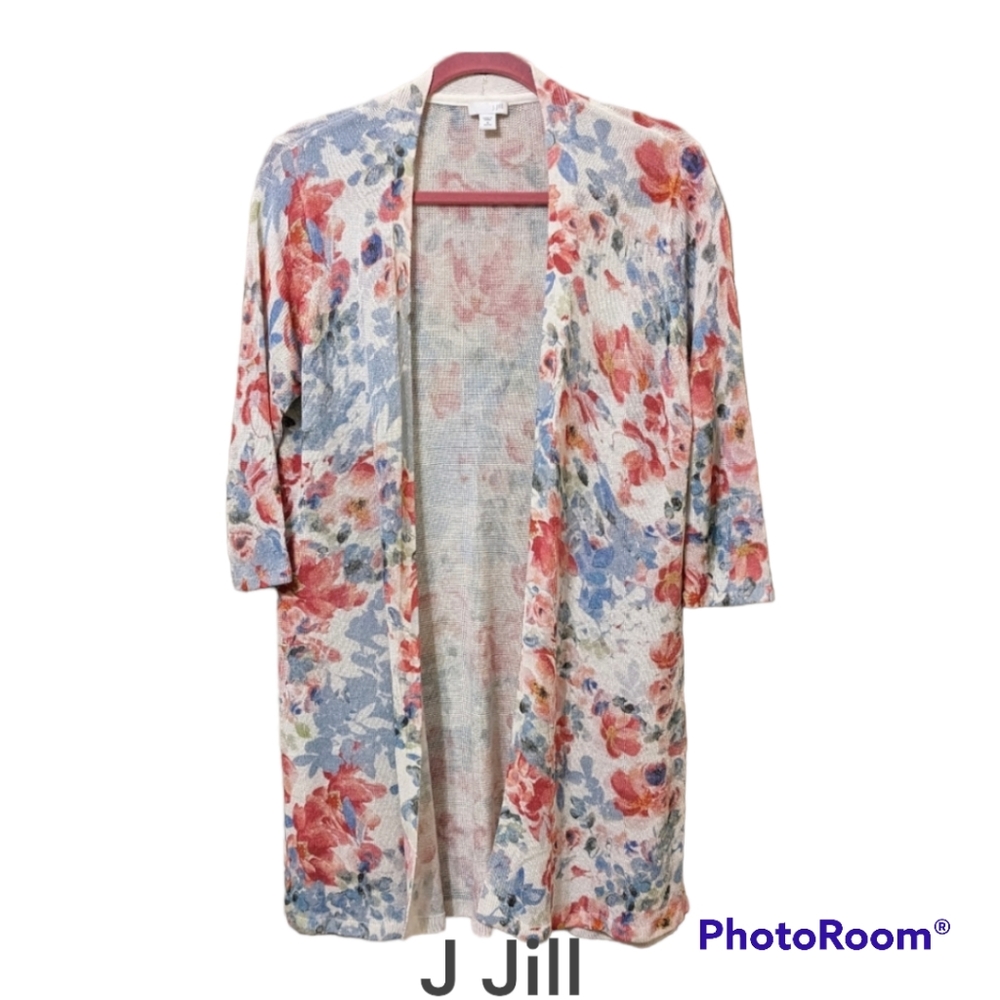 J. Jill Linen Open Front Longline Floral Cardigan Size Medium Petite